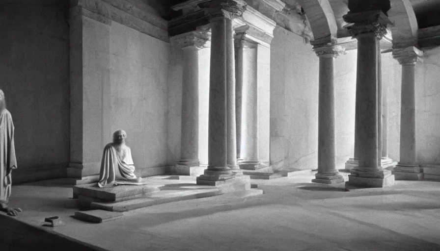 Prompt: 1 9 6 0 s movie still by tarkovsky of an elder socrates in dark drapery in a marble temple, cinestill 8 0 0 t 3 5 mm b & w, high quality, heavy grain, high detail, panoramic, ultra wide lens, cinematic composition, dramatic light, anamorphic, piranesi style