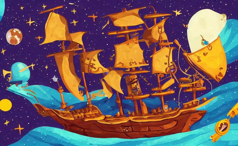 Image similar to pirate ship in space, storybook, gouache, flat, concept art, lush, pixel art