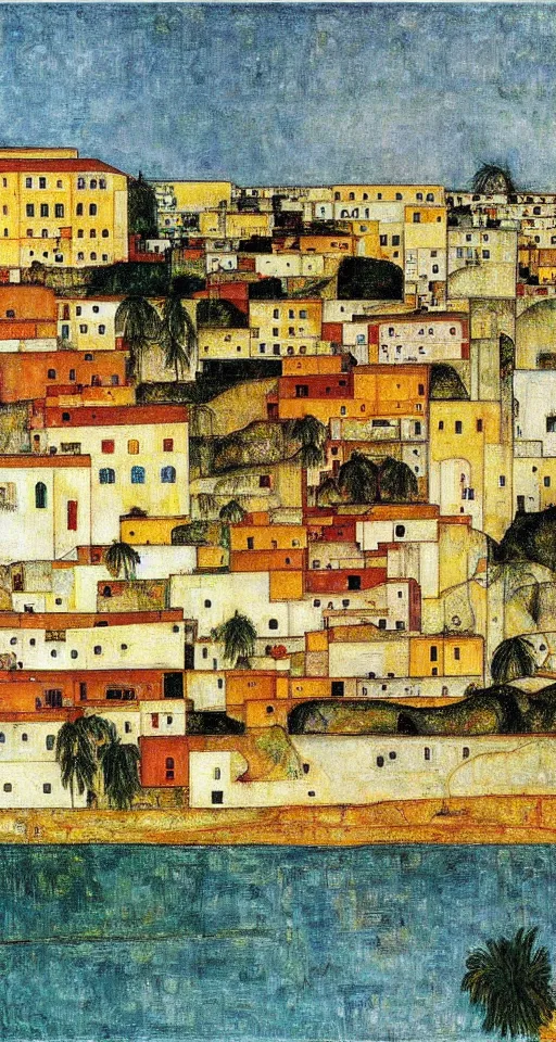 Image similar to small city in south of iran with a bridge on local river and palm trees, painting by egon schiele