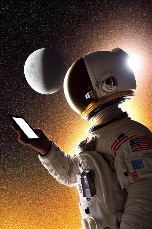 Image similar to extremely detailed studio portrait of space astronaut, holds a smart phone in one hand, phone!! held up to visor, reflection of phone in visor, moon, extreme close shot, soft light, golden glow, award winning photo by eolo perfido