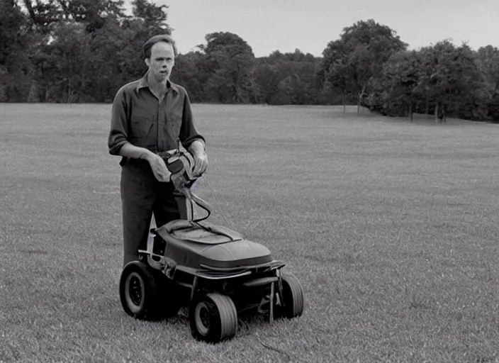 Image similar to steve buscemi driving a cadet cub lawn mower, movie still, from the new forest gump movie, 8 k, realistic