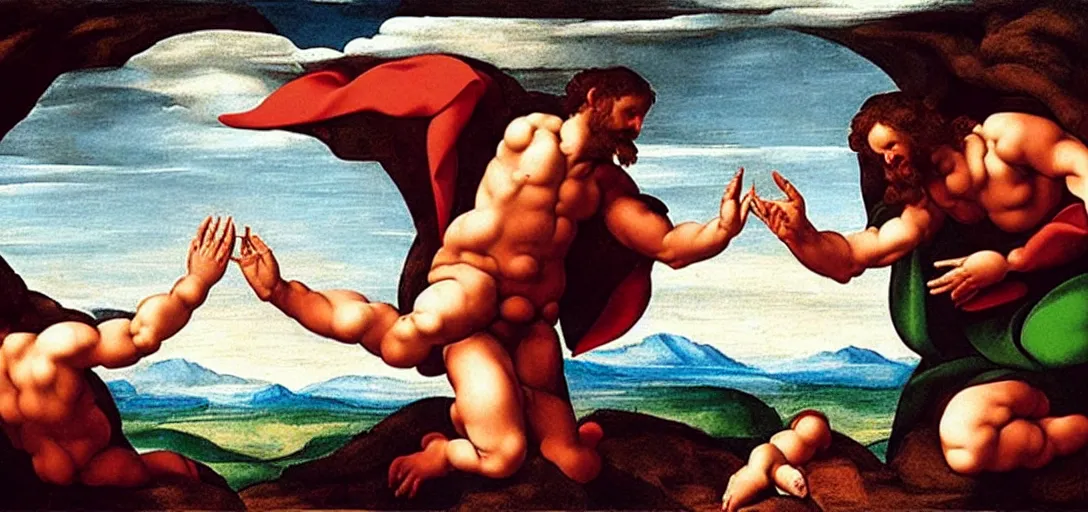 Image similar to the creation of adam painting by artist michelangelo