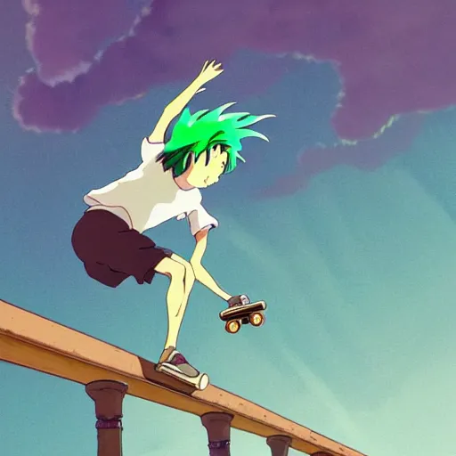 Prompt: a beautiful movie still in the style of Studio Ghibli anime showing a skateboarder grinding down a rail in high detail. The skater is a girl with green hair and she is waving spray paint can in the air. Studio Ghibli, trending on artstation, trending on behance