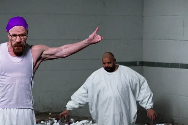 Prompt: medium full shot of walter white as a white gang member wearing a purple head covering made from a polyester material and a stained white tank top dealing crack in the prison yard in the new movie directed by ice cube, movie still frame, arms covered in gang tattoo, promotional image, critically condemned, top 1 5 worst movie ever imdb list, public condemned, relentlessly detailed