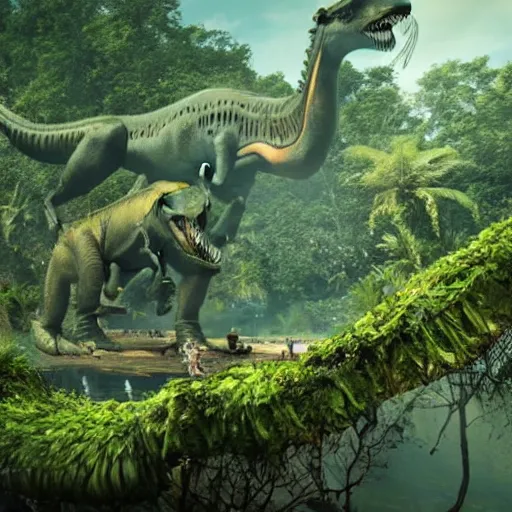 Image similar to an elaborate time machine with floating platform over a prehistoric jungle with a t - rex in the background, unreal engine, hyper detailed