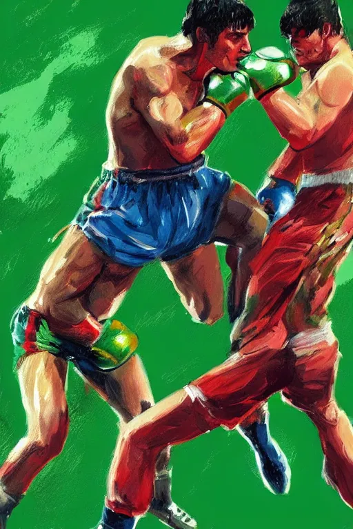 Image similar to fight between rocky balboa and predatorfrom the original movie, artstation, concept art, smooth, sharp foccus ilustration hq, painting in the style of leroy neiman, green tones