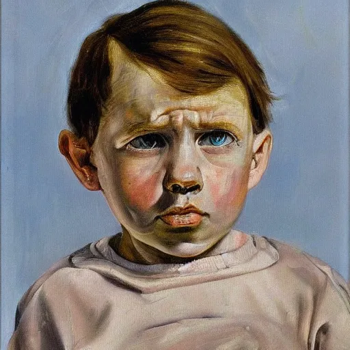 Prompt: Oil painting Portrait of a sad child, by Lucian Freud, Abstract brush strokes, Masterpiece