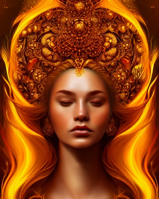 Image similar to portrait of the goddess of golden fire, unusual beauty, flowers and plants, emotionally evoking symbolic metaphors, head in focus, fantasy, ornamental, intricate, elegant, sensual, highly detailed digital painting, artstation, concept art, painterly, golden ratio, sharp focus, illustration