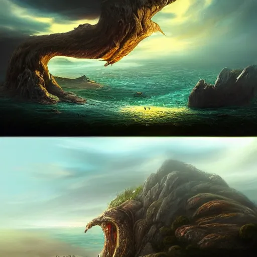 Image similar to a beautiful coast line with a monster crawling up a hill, trending on artstation, concept art, golden ratio