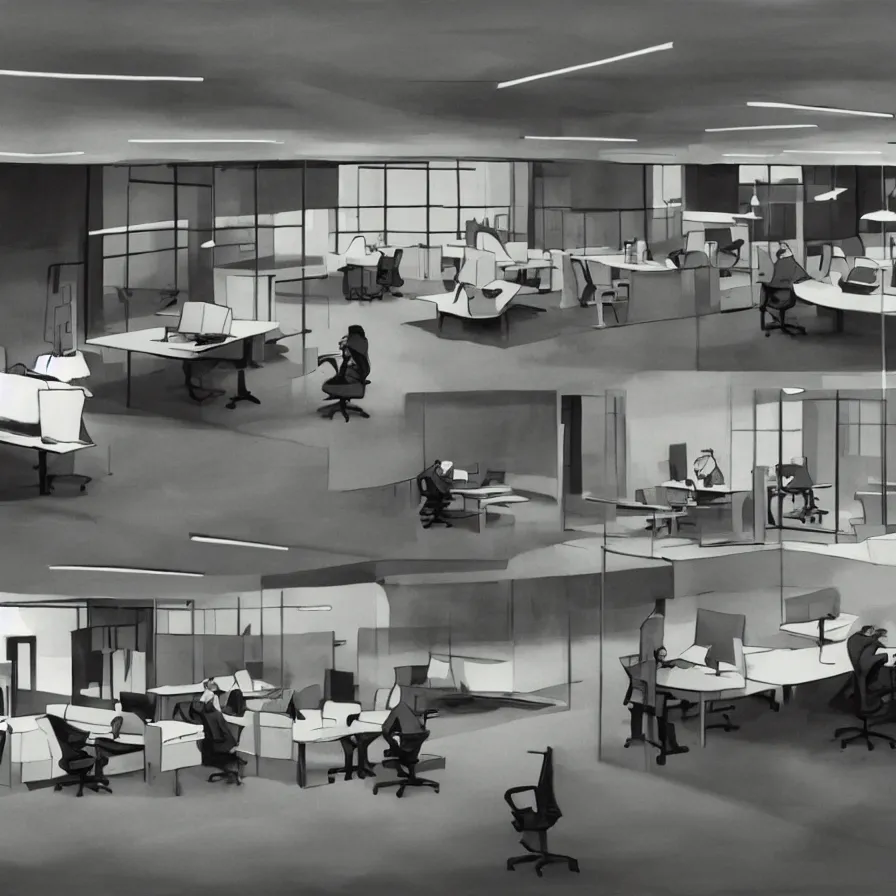 Image similar to concept art of severance indoor office scenario, in a film of jacques tati