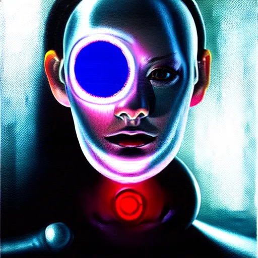 Image similar to hyperrealism oil painting portrait of cyberpunk cyborg fashion model with glowing eyes