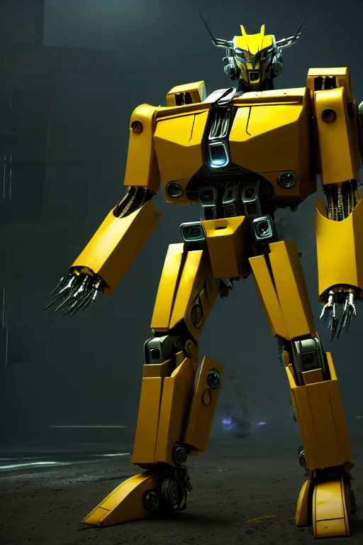 Image similar to a cinematic still from film transformers series, yellow mech, humanoid servo, octane render, nvidia raytracing demo, masterpiece, aged armor plating, aggressive head,