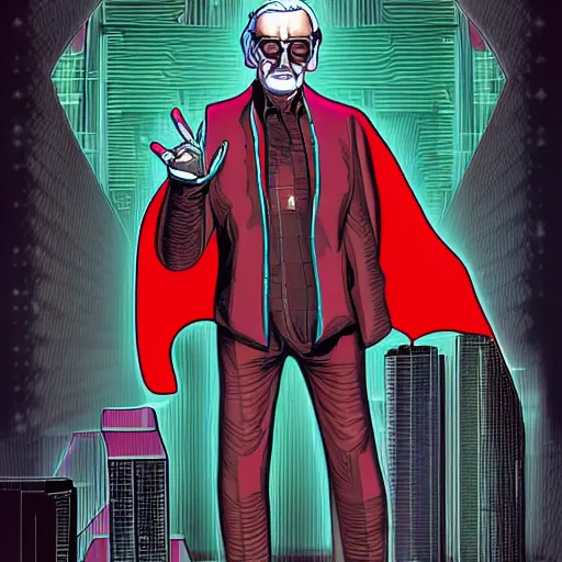 Image similar to cyberpunk stan lee as the leader of a futuristic communist nation, cybernetics, sharp lines, digital, artstation, colored in