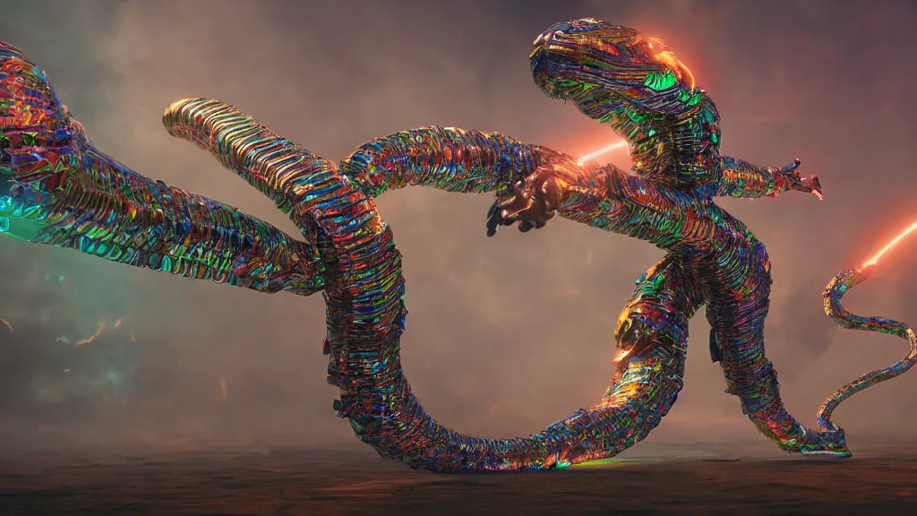 Image similar to photo of quetzalcoatl iridescent humanoid deity fighting against the machines, fantasy cinematic lighting, photorealistic, octane render 8 k depth of field 3 d