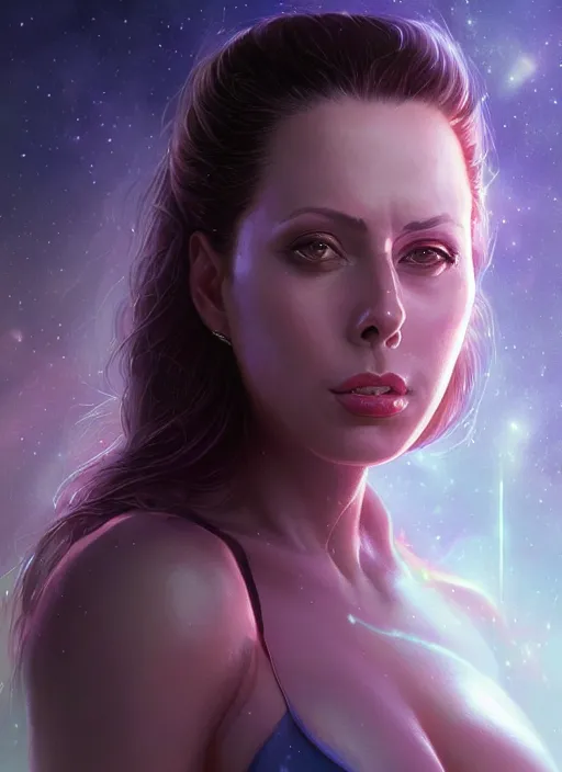 Image similar to beautiful portrait of gianna michaels, deep space background, by magali villeneuve and greg rutkowski and artgerm, intricate, elegant, highly detailed, photorealistic, trending on artstation, trending on cgsociety, 8 k, sharp focus