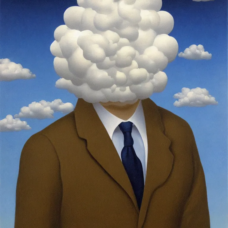 Image similar to portrait of mister cloud by rene magritte, detailed painting, hd, hq, high resolution, high detail, 4 k, 8 k