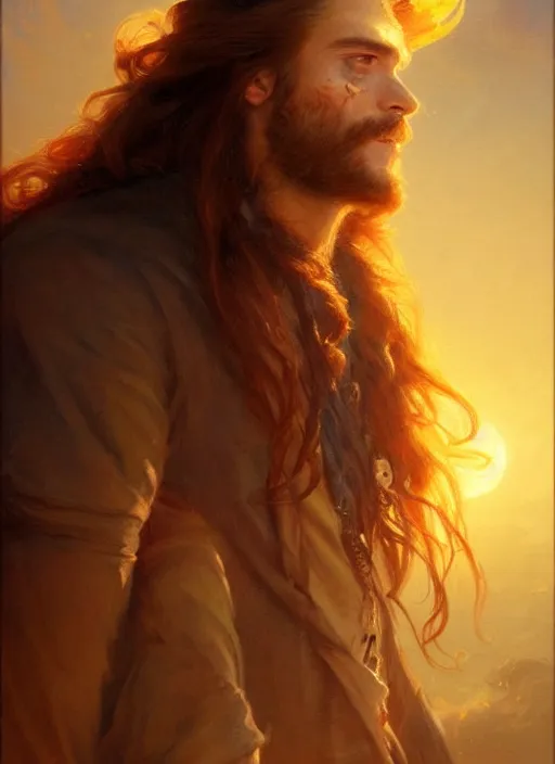 Image similar to portrait painting of a handsome rugged long hair crimson hair male pirate, soft hair steampunk ornate zeppelin in the sky sunset golden hour art by greg rutkowski gaston bussiere fantasy soft hair trending on artstation deviantart book cover art concept art key art dramatic volumetric lighting, 4 k, award winning