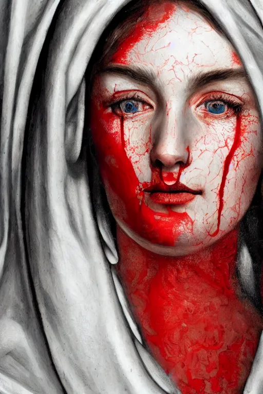Prompt: hyperrealism close - up mythological portrait of a medieval woman's face merged with red paint in style of classicism, wearing silver silk robe, white palette