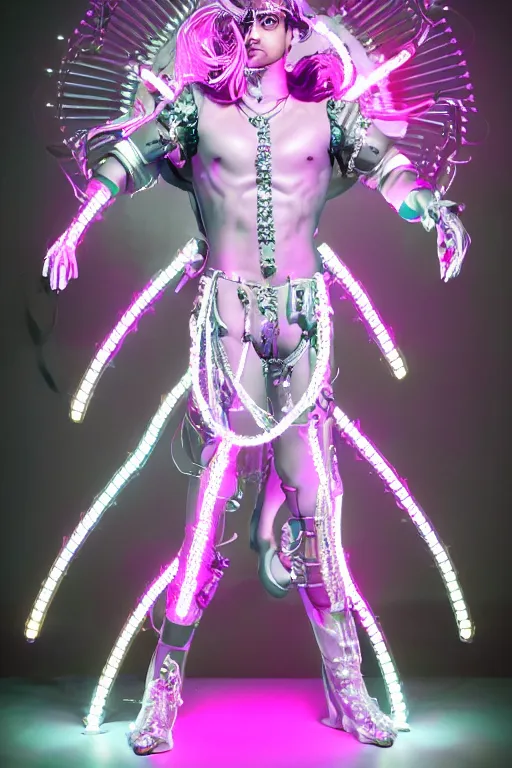 Prompt: full-body rococo and cyberpunk style neon statue of a muscular attractive Jay Sean sim camisa macho dotado e rico android sim roupa reclining con las piernas abertas e la piroca dura, glowing white laser eyes, prince crown of pink gears, diamonds, swirling silver-colored silk fabric. futuristic elements. full-length view. space robots. human skulls. intricate artwork by caravaggio. Trending on artstation, octane render, cinematic lighting from the right, hyper realism, octane render, 8k, depth of field, 3D