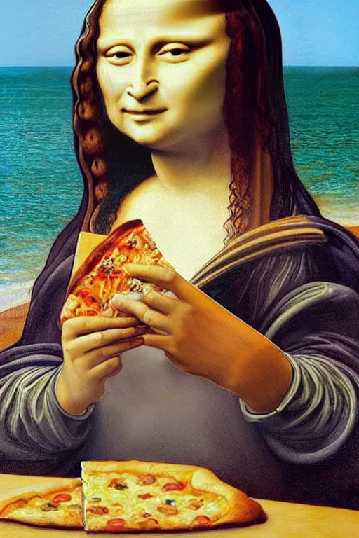 Prompt: a young woman wearing sunglasses is sitting on the beach esting eating eating eating a big slice of pizza!, looks like mona lisa, sharp focus, hyper realistic, soft colors, centered, insanely detailed, wide shot, a painting by leonardo da vinci