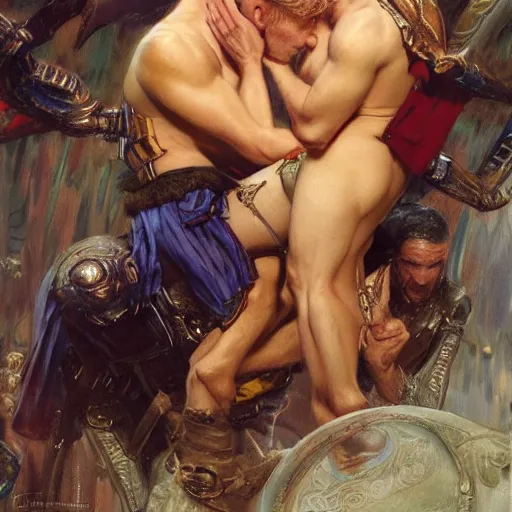 Image similar to attractive male, arthur pendragon who has blond hair confesses his love to attractive male, merlin who has dark hair. highly detailed painting by gaston bussiere, craig mullins, j. c. leyendecker 8 k