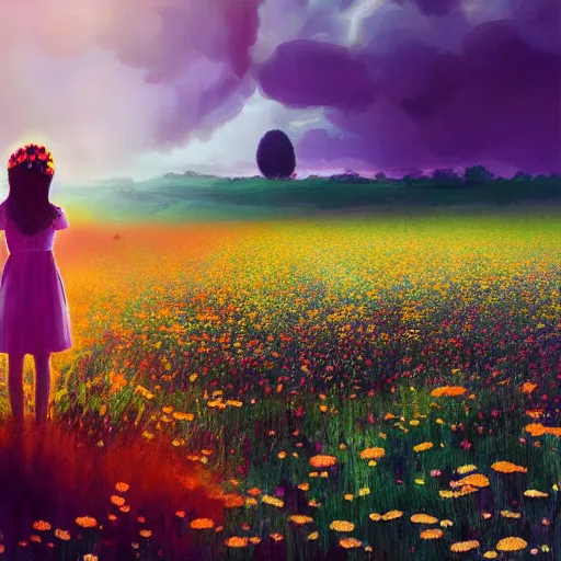 Image similar to full body daisy flower head, girl standing in a flower field, head hidden behind huge daisy flower, surreal photography, sunrise, dramatic light, impressionist painting, colorful clouds, digital painting, artstation, simon stalenhag