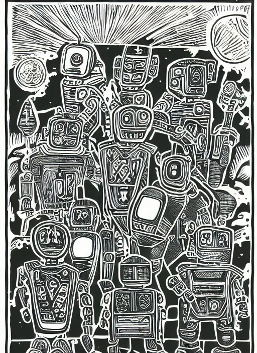Prompt: !dream warrior robots by Julie de Graag, linocut print