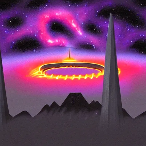 Image similar to WTC Twin Towers with distant Golden Gate Bridge in center, glowing black hole in the night sky in front of the Milky Way, red-hooded magicians casting purple colored spells towards the towers, white glowing souls flying out of the towers to the black hole digital painting in the style of The Lord of the Rings