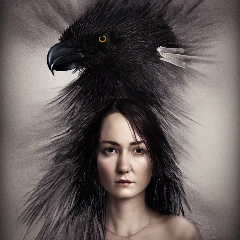 Image similar to hight focus of a wonderful realistic focused sweet wonderful symmetrical mid portrait of a lonely woman with a detailed wonderful, majestic, large dress like a realistic black raven, dramatic light, octane render - 8 k