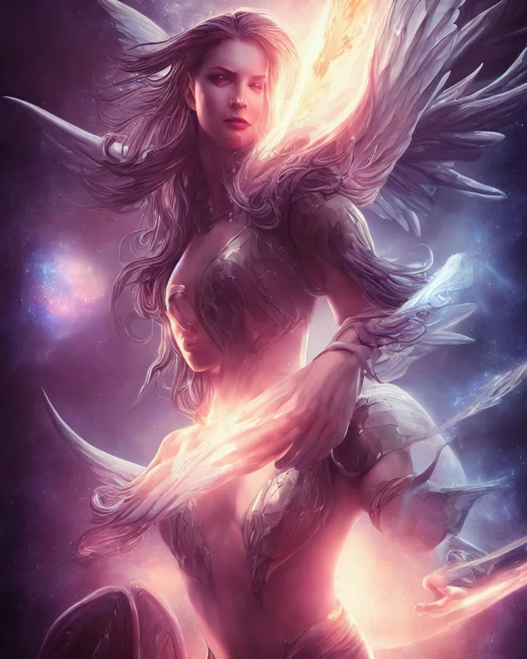 Prompt: beautiful cinematic fantasy poster, one beautiful fantasy angel floating, beautiful glowing galaxy eyes, hybrid from The Elden Ring and art direction by Darius Zawadzki ;by artgerm; wayne reynolds art station; cinematic quality character render; low angle; ultra high quality model; production quality cinema model;