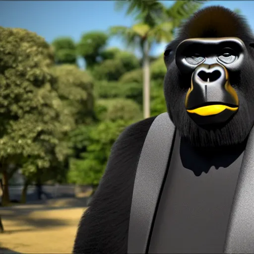 Image similar to a gorilla wearing a nice tuxedo, wearing shades and wearing gold chains, photorealistic, 8 k, unreal engine 6, highly detailed, coherent,