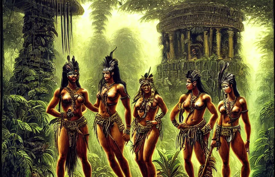 Prompt: a painting of beautiful amazonian warriors, standing in a jungle temple, grimdark, style of john blanche