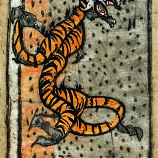 Image similar to bad drawn tiger of fire with many legs flying in a medieval manuscript, medieval manuscript, golden miniatures