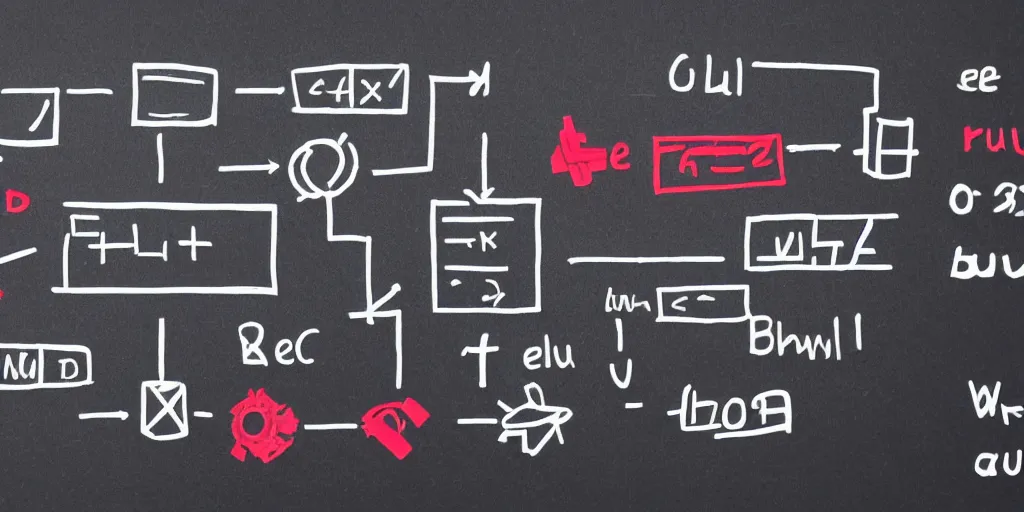 Prompt: equations and formulas about how to build a website, ui, graphics, flowchart, 3 d, white and red on a giant black board