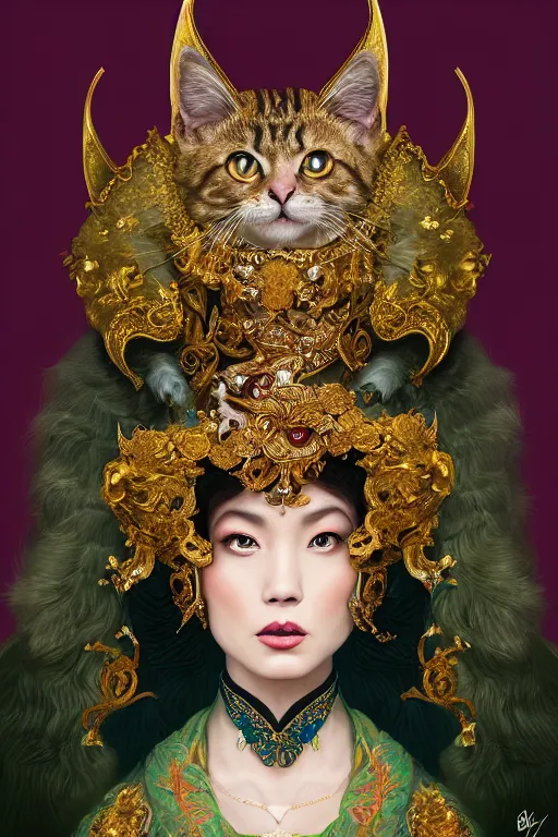 Image similar to a beautiful empress portrait, with a brilliant, impossible striking big Cat headpiece, clothes made of cats, everything cats, symmetrical, dramatic studio lighting, rococo, baroque, greens, asian, hyperrealism, closeup, D&D, fantasy, intricate, elegant, highly detailed, digital painting, artstation, octane render, 8k, concept art, matte, sharp focus, illustration, art by Artgerm and Greg Rutkowski and Alphonse Mucha