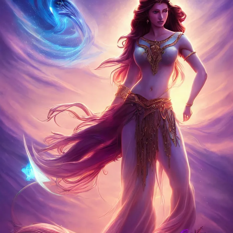 Image similar to beautiful cinematic fantasy poster, a beautiful princess goddess like princess jasmine with flowing illuminated hair, beautiful glowing galaxy eyes, wideshot ultrawide angle epic scale, hybrid from The Elden Ring and art direction by Darius Zawadzki ;by artgerm; wayne reynolds art station; cinematic quality character render; low angle; ultra high quality model; production quality cinema model;