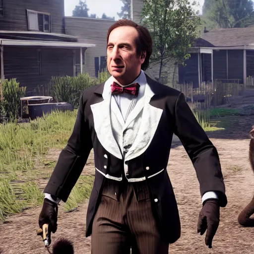 Image similar to Film still of Saul Goodman wearing a cat maid outfit, from Red Dead Redemption 2 (2018 video game), trending on artstation, artstationHD, artstationHQ