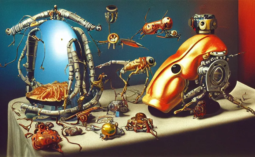 Image similar to strange robot body, disturbing colorful oil painting dutch golden age vanitas still life sparse composition with bizarre objects strange gooey transparent surfaces shiny metal reflections bizarre mutant meat insects rachel ruysch dali todd schorr very detailed perfect composition rule of thirds masterpiece canon 5 0 mm, cinematic lighting, photography, retro, film, kodachrome