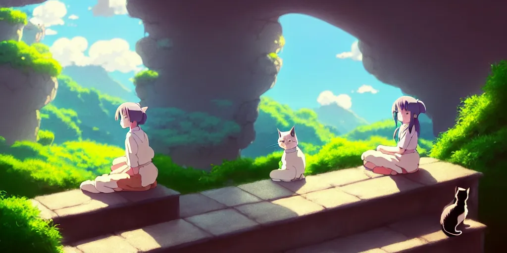 Image similar to the girl and the cat, sitting on stairs. morning in a small village in the mountains, rocky roads, beautifull puffy clouds. anime, studio ghibli. intricate, beautiful, cinematic. professional digital painting, artstation, concept art, smooth, Unreal Engine 5, 8k, cinema 4d, 3D