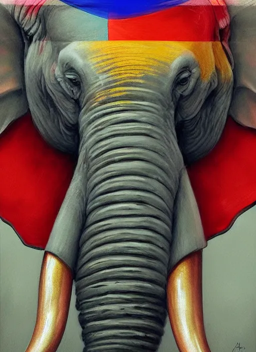 Prompt: portrait of ethereal elephant with indian flag colors painted on its face, intricate detail, ornate, conceptual art, soft light, dynamic, art by artgerm