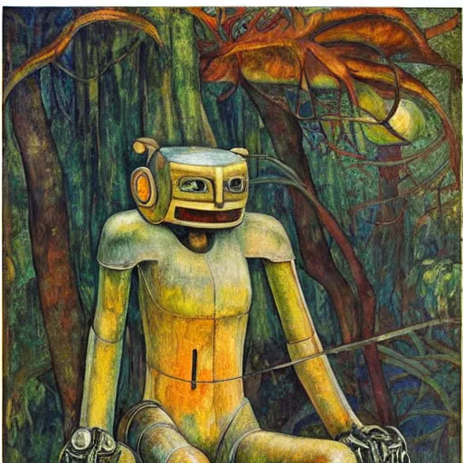 Image similar to the robot on her forest throne, by Annie Swynnerton and Diego Rivera, symbolist, dramatic lighting, elaborate geometric ornament, Art Brut ,god rays, soft cool colors,smooth, sharp focus, extremely detailed, Adolf Wölfli