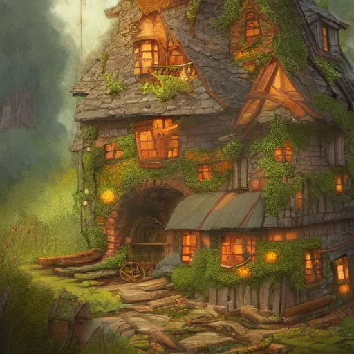 Image similar to a detailed illustration idyllic the house with smoke coming out of the chimney in the forest scene by Justin Gerard, trending on artstation, cgsociety, deviantart