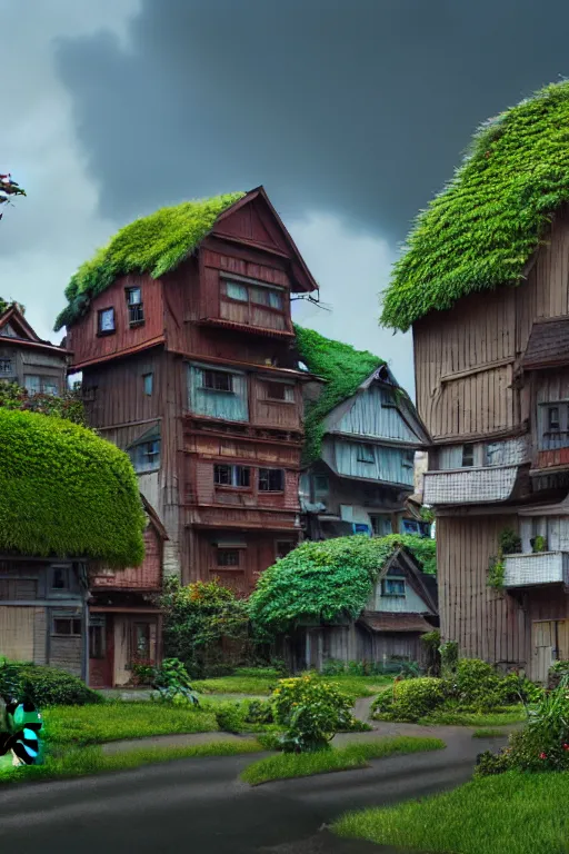 Image similar to stacked houses, solarpunk, studio ghibli, jean - baptiste monge, octane render, 4 k