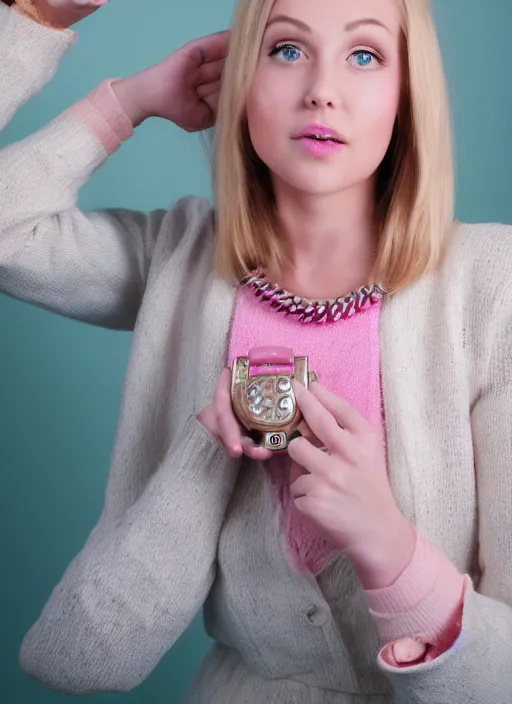 Image similar to head to waist photograph of an extremely beautiful!!!! blond young female , symmetric face!, symmetric round detailed eyes!!, slight smile, studio light, wearing pink chanel outfit !! hodling a pink vintage rotary phone l! plain pink studio background ff94b5. looking at the camera!!. . super resolution. Extremely detailed. fashion editorial