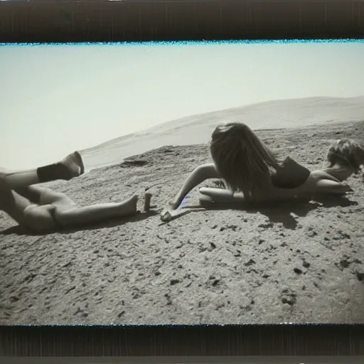 Image similar to the first giant canary on Mars bodysurfing in the first wave pool on Mars photo 1970s Polaroid