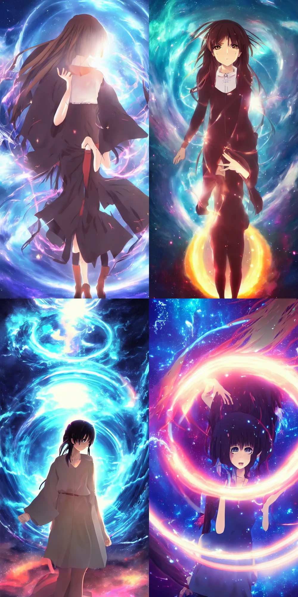 Prompt: Anime key visual of a brunette girl walking through a portal between worlds, surrounded by fantastic cosmic skies, official media, trending on artstation, beautiful