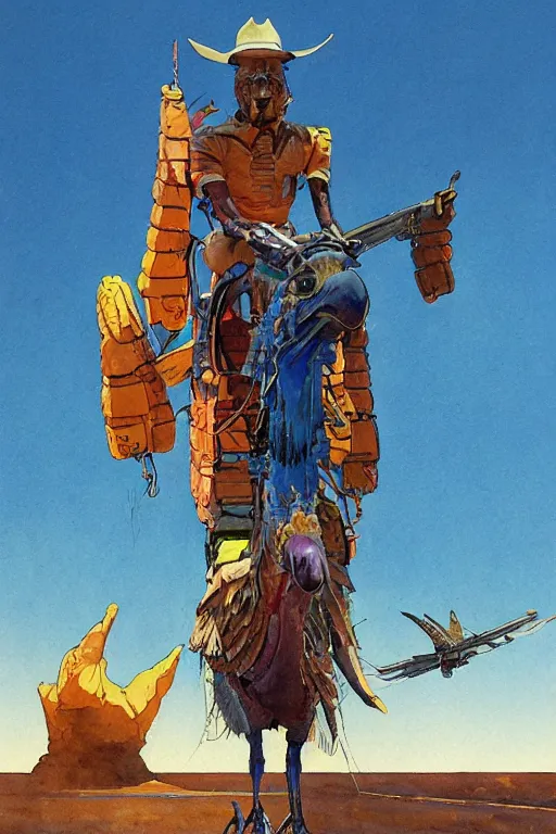 Prompt: scifi cowboy sitting on giant emu bird with backpack, science fiction, art by jean giraud, moebius, juan gimenez, greg manchess, in watercolor gouache detailed paintings, in style of syd mead, colorful comics style, artstation