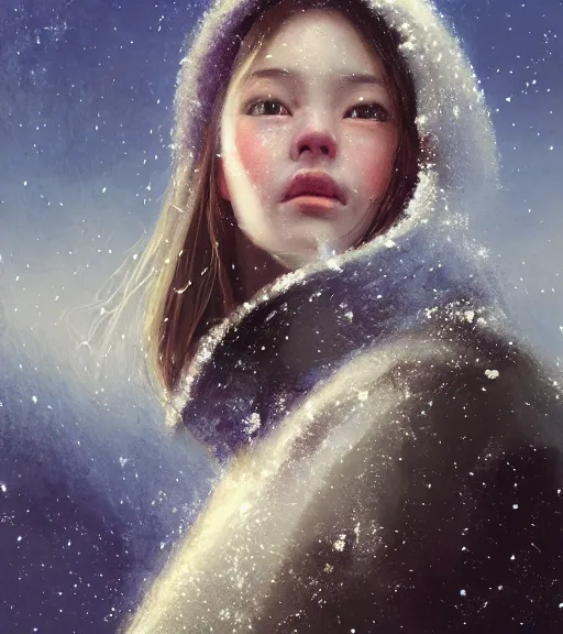 Image similar to face portrait of a beautiful girl in a coat, close portrait, snow - covered small house in a background, night, stars in the sky, the milky way in the sky, winter landscape, painting by craig mullins, octane rendering, wide angle lens, in the style of hayao miyazaki, trending on artstation,