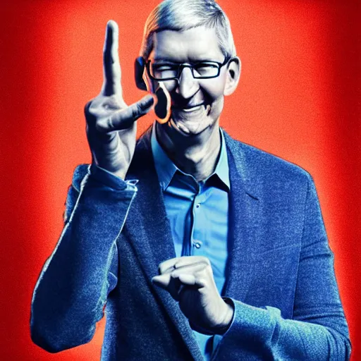 Prompt: tim cook. pointing his finger in the air. mythical organic biomechanical man. futuristic. blue blurry background. highly detailed, intricate steampunk ornate, poetic, 3 d render, digital art, octane render, 8 k artistic photography, photorealistic.