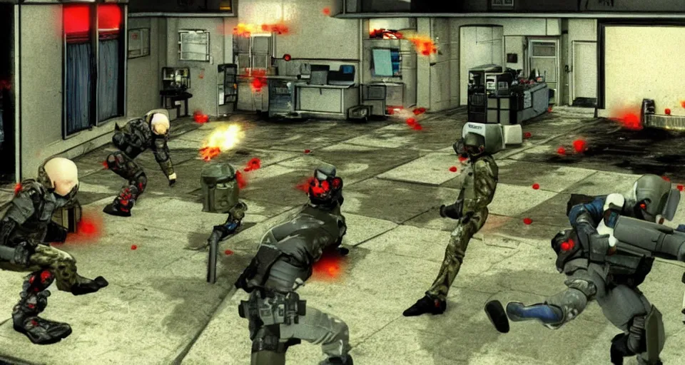 Image similar to 1995 Video Game screenshot for Akira style Anime Neo-tokyo Cyborg bank robbers vs police, Set inside of Office, Multiplayer set-piece Ambush, Tactical Squads :10, Police officers under heavy fire, Suppressive fire, Pinned down, Destructible Environments, Gunshots, Headshot, Bullet Holes and Anime Blood Splatter, :10 Gas Grenades, Riot Shields, MP5, AK45, MP7, P90, Chaos, Anime Machine Gun Fire, Gunplay, Shootout, :14 FLCL + Akira, Cel-Shaded:15, Created by Katsuhiro Otomo + Studio Gainax: 20